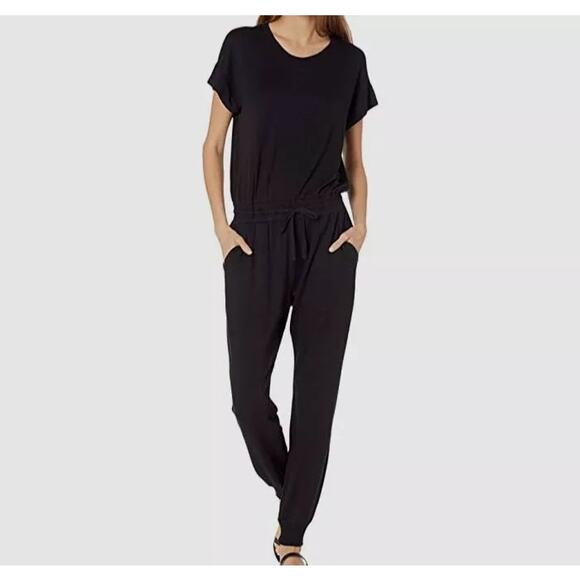 Splendid Flora Soft Black Knit Short Sleeve Elastic Waist Jogger Jumpsuit Lounge - Picture 1 of 14